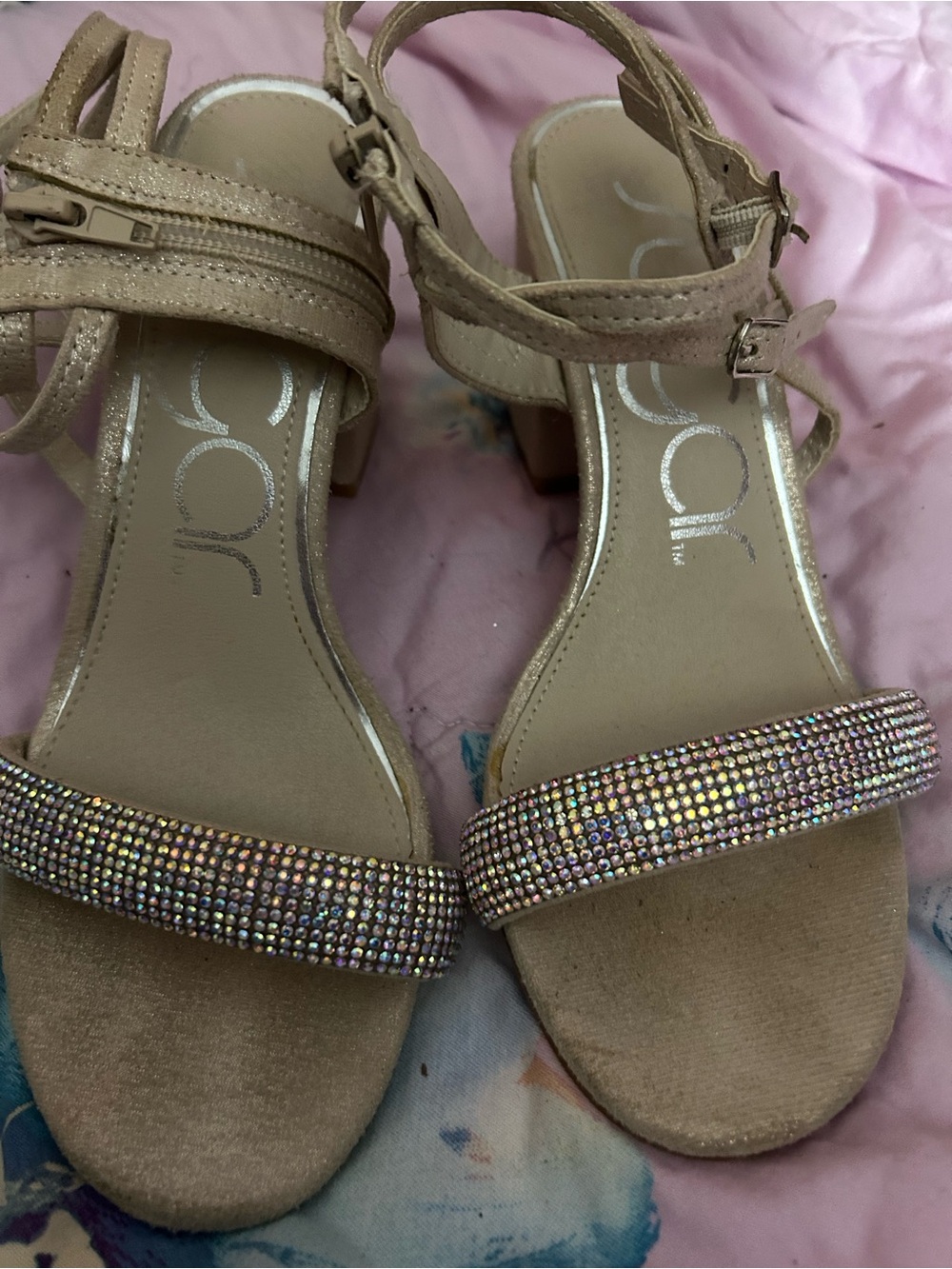 Sugar Blush Beige Rhinestone Strap Block Heels